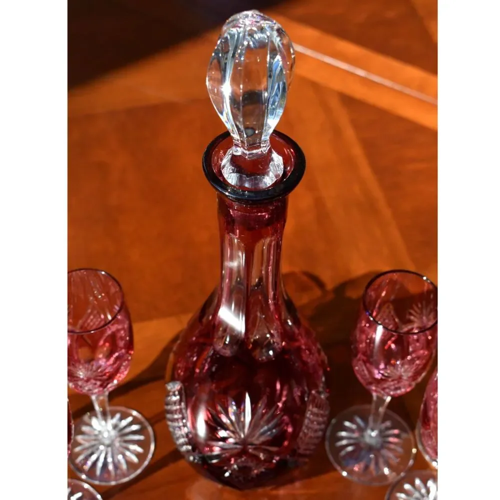 Nachtmann Traube Wine Decanter with Stopper and 6 Cranberry Tall Sherry Glasses